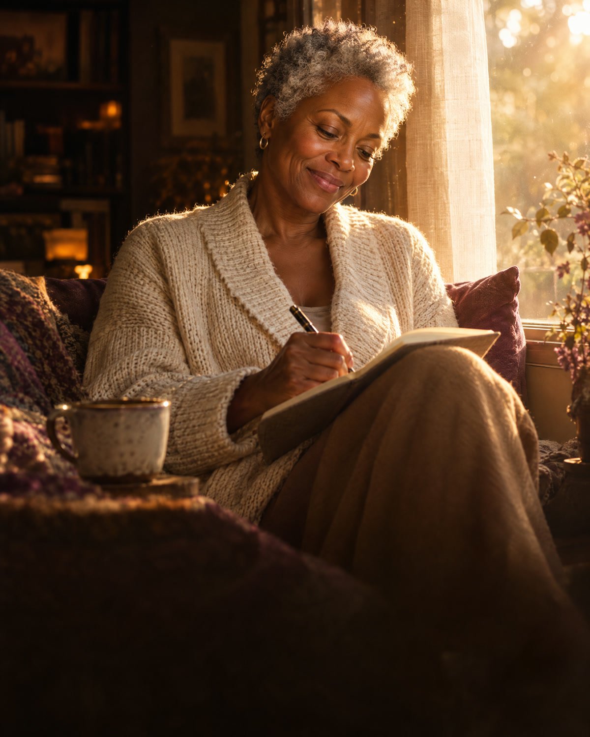 A woman in her sixties smiling as she writes in a notebook by warm window light
