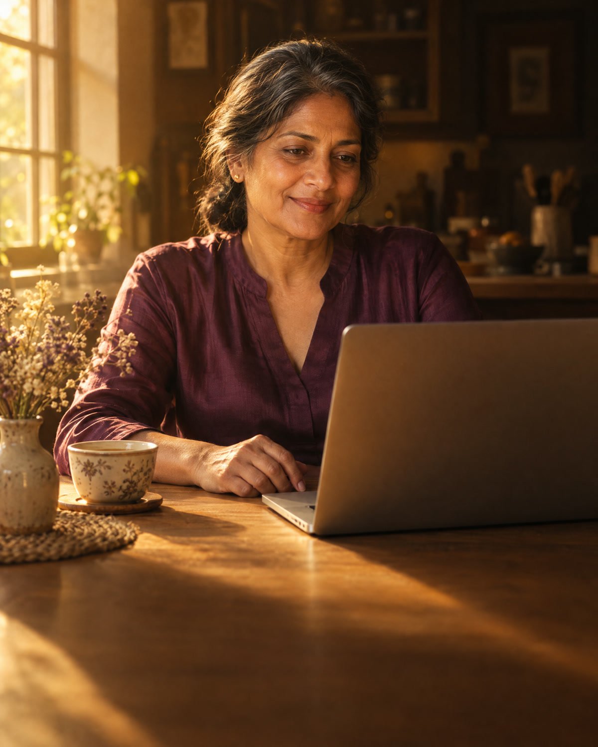 A woman in her fifties working calmly on a laptop at a sunlit kitchen table