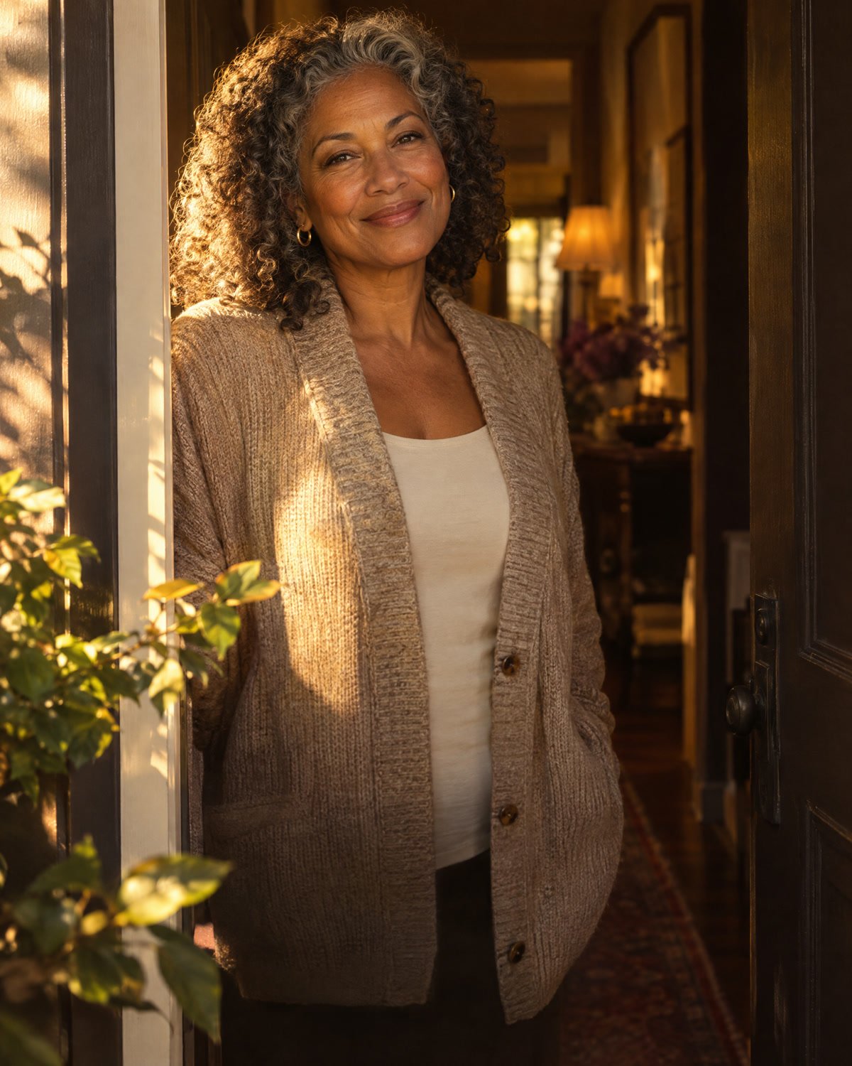 A woman in her sixties standing proudly at her open front door in golden evening light